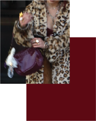 Leopard coat and burgundy bag