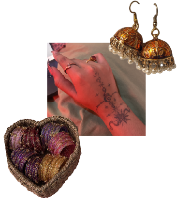 Reality collage: bangles, a henna-style tattoo, and jhumka earrings