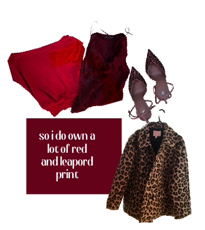 Reality collage: red clothes, leopard heels, and a leopard coat