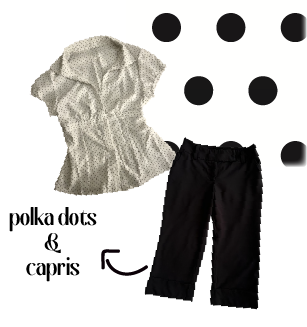 Reality collage: polka-dot blouse and black capris