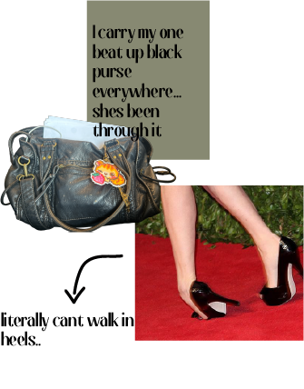 Reality collage: a worn black purse and heels I cannot walk in