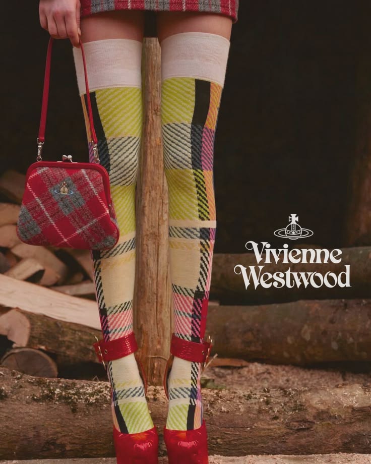 Vivienne Westwood tartan tights and red bag