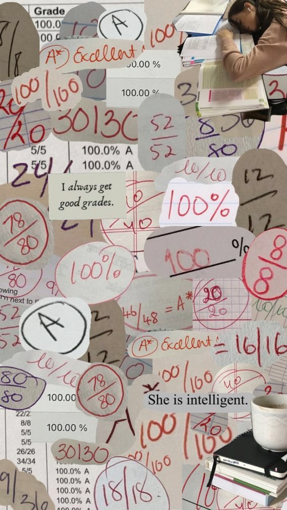 Collage of graded papers and study notes