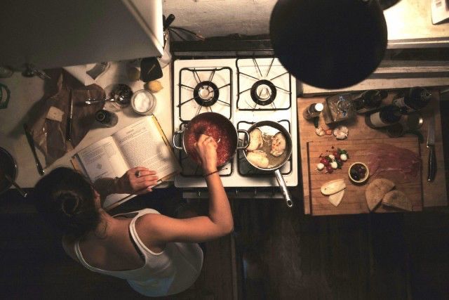Cooking at a stove from above