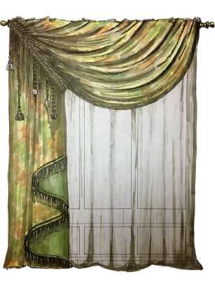 Green draped curtains and sheer panels
