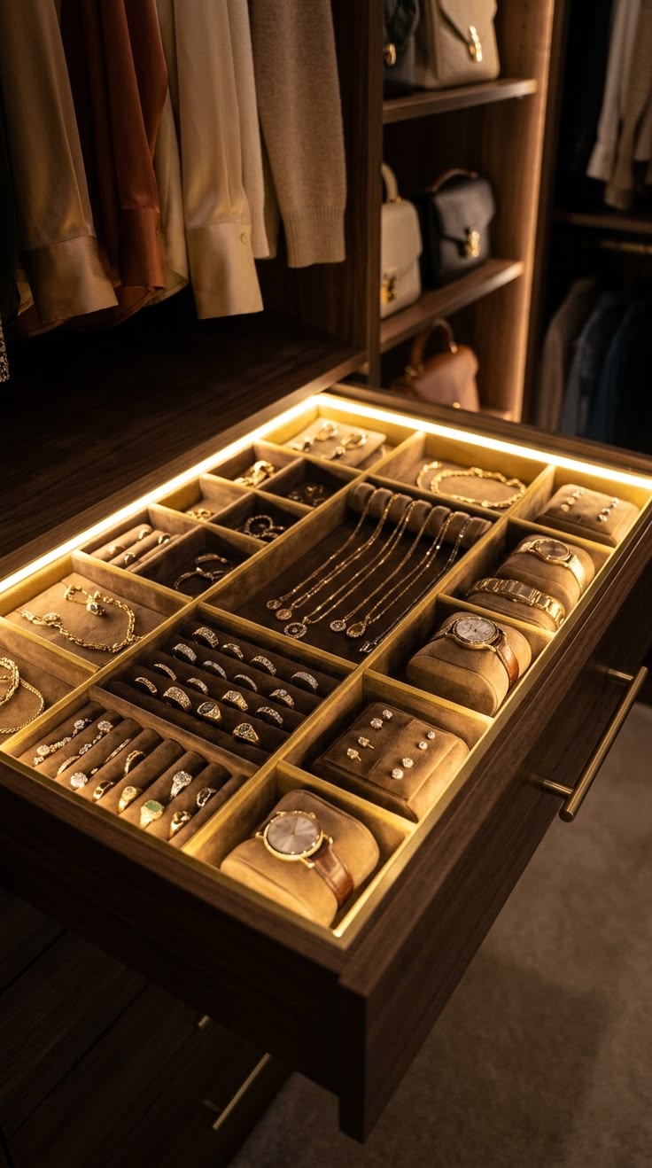 Organised jewelry drawer in a closet