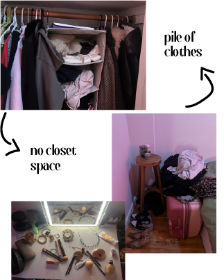 Reality collage: cramped closet, piled clothes, and a messy jewelry table