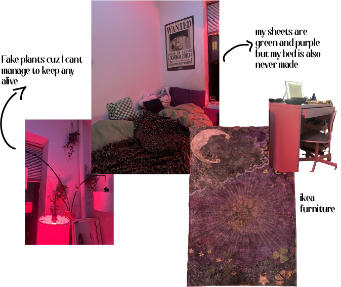 Reality collage: unmade bed, fake plants, Ikea furniture, and a purple rug