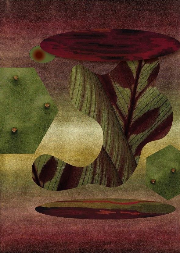 Burgundy and olive abstract leaf composition