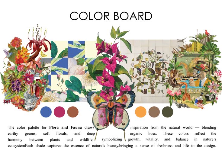 Flora and fauna colour board with butterfly and botanicals