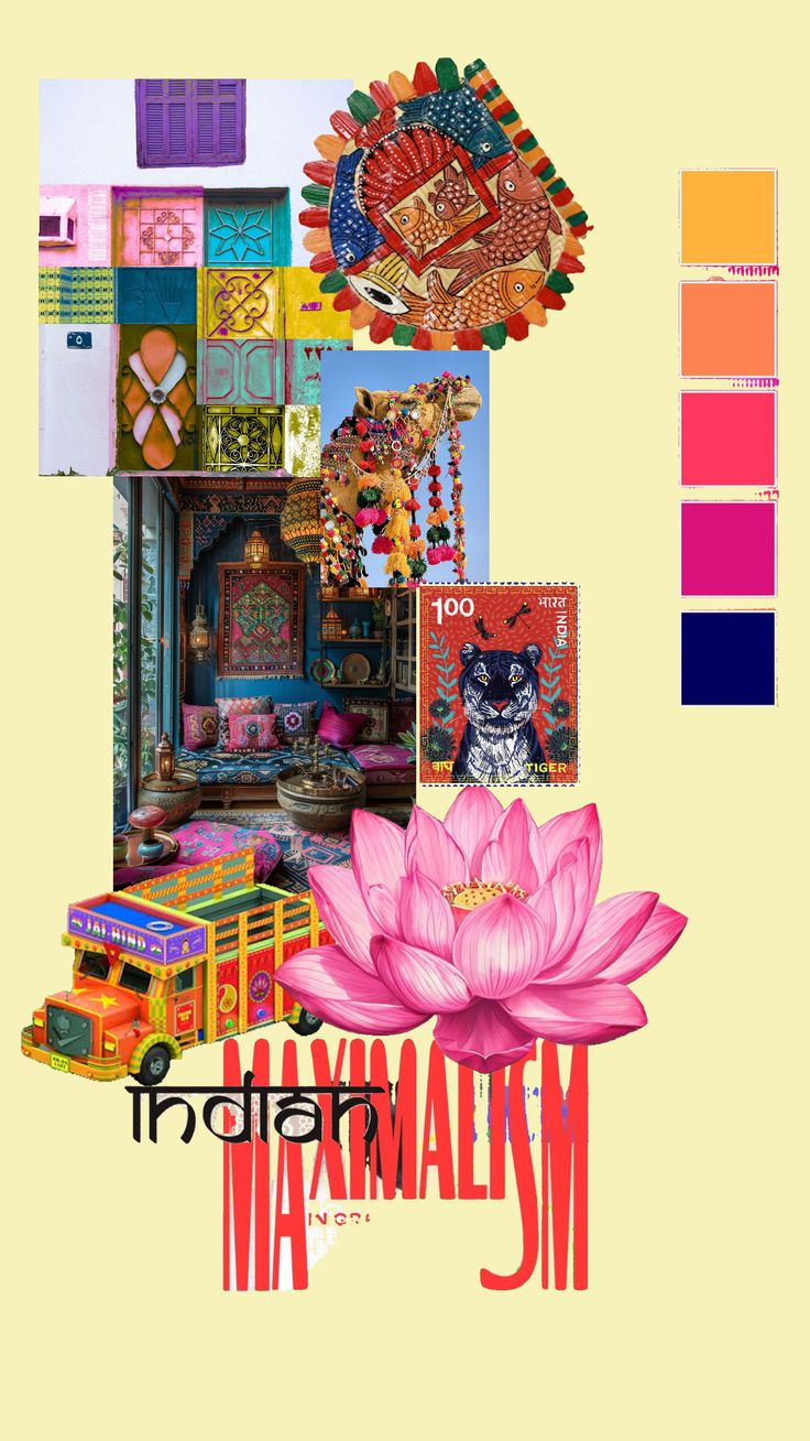 Indian maximalism moodboard with lotus, truck, and colour swatches