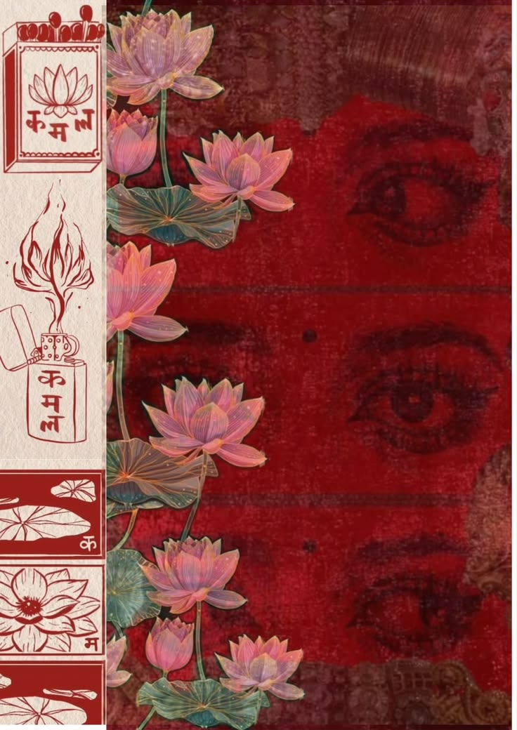 Lotus flowers over red eyes with a matchbox drawing