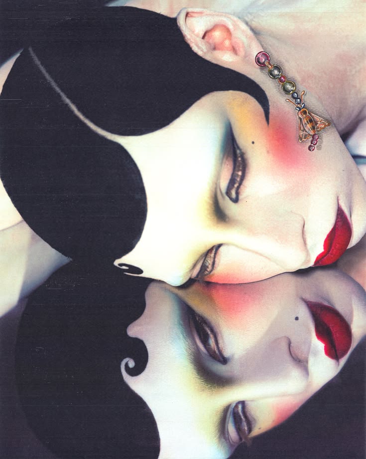 Mirrored editorial face with a bee earring