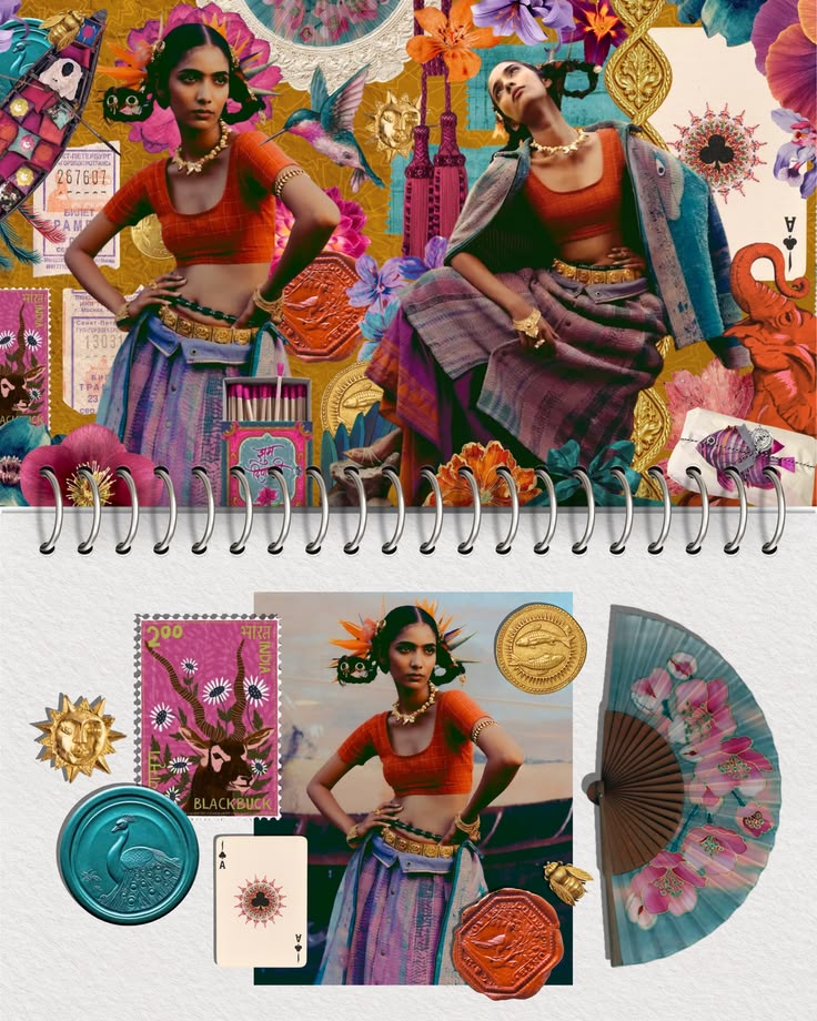 Rangrez collage of desi fashion, stamps, and gold objects